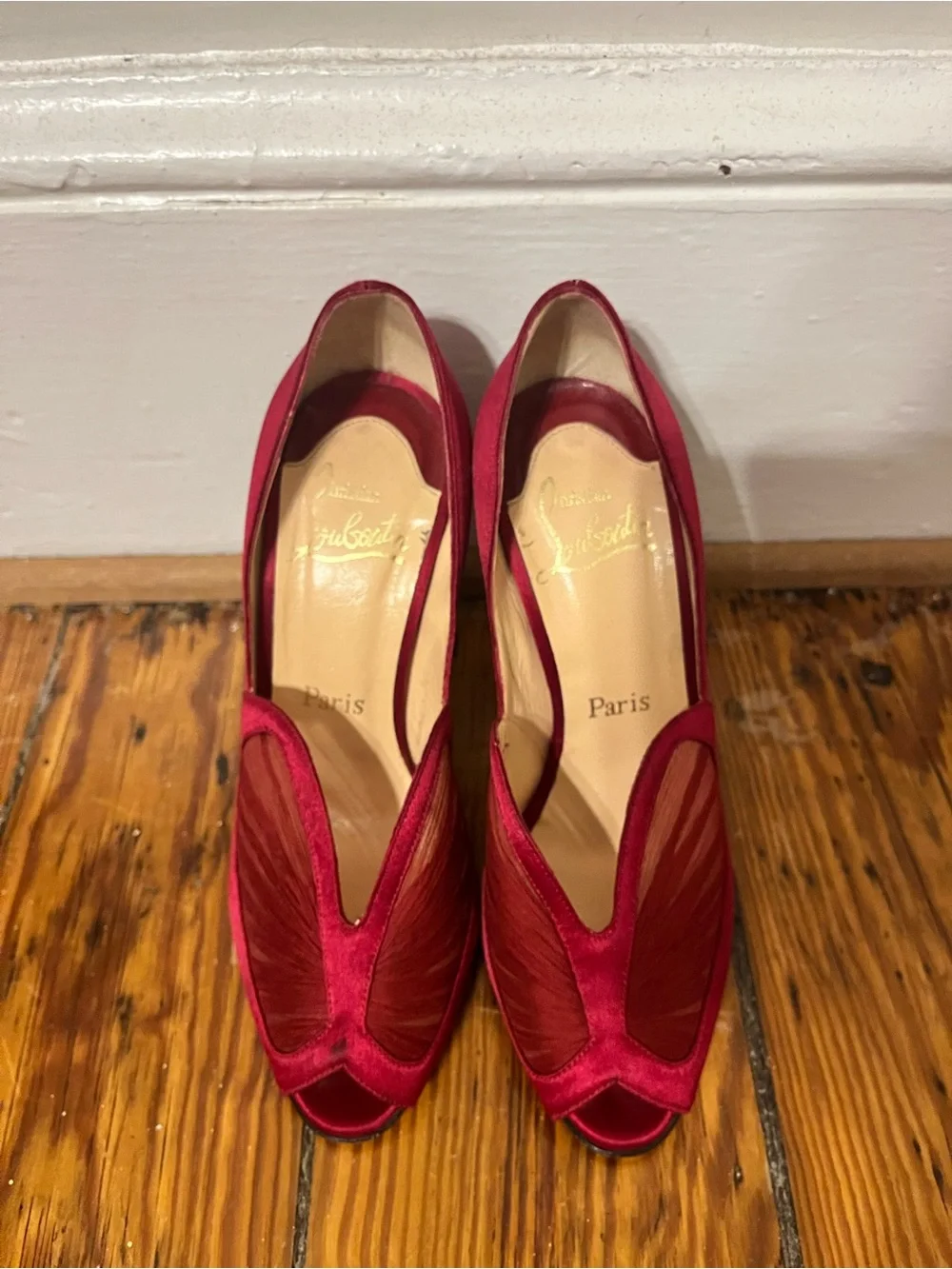 Christian Louboutin Burgundy Satin Peep-Toe Heels - Picture 2 of 6